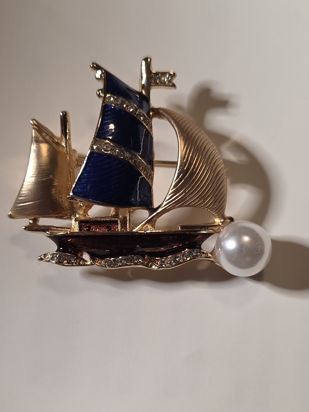 Gold-Tone Blue Sailboat Brooch with Faux Pearl
